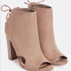 Tan open toe booties